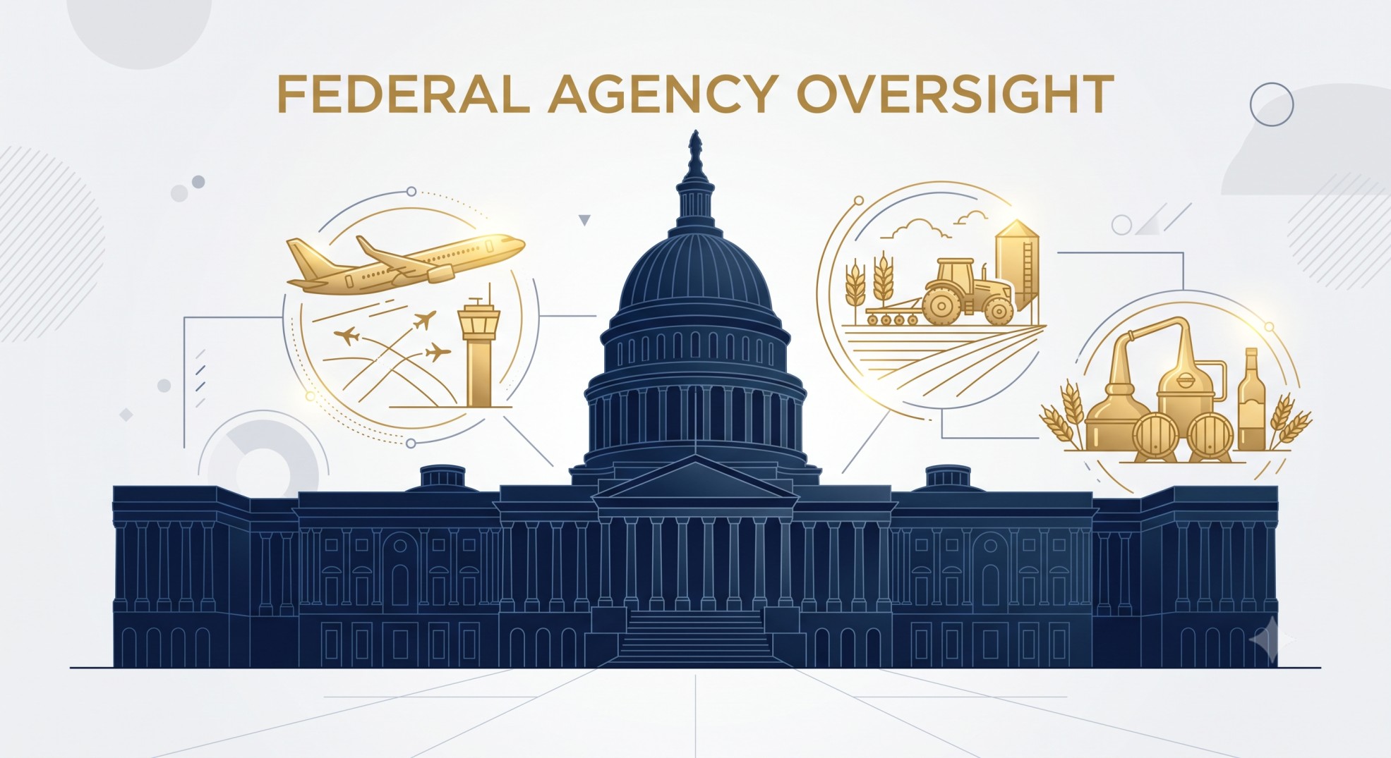 Icons representing federal business licenses for aviation, agriculture, and alcohol.