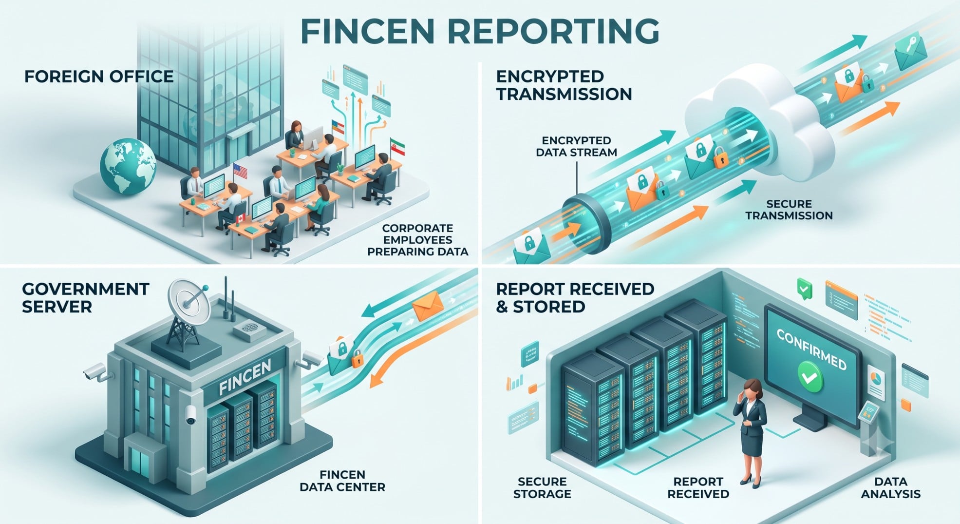 Isometric illustration of a foreign business transmitting ownership data to a secure server.