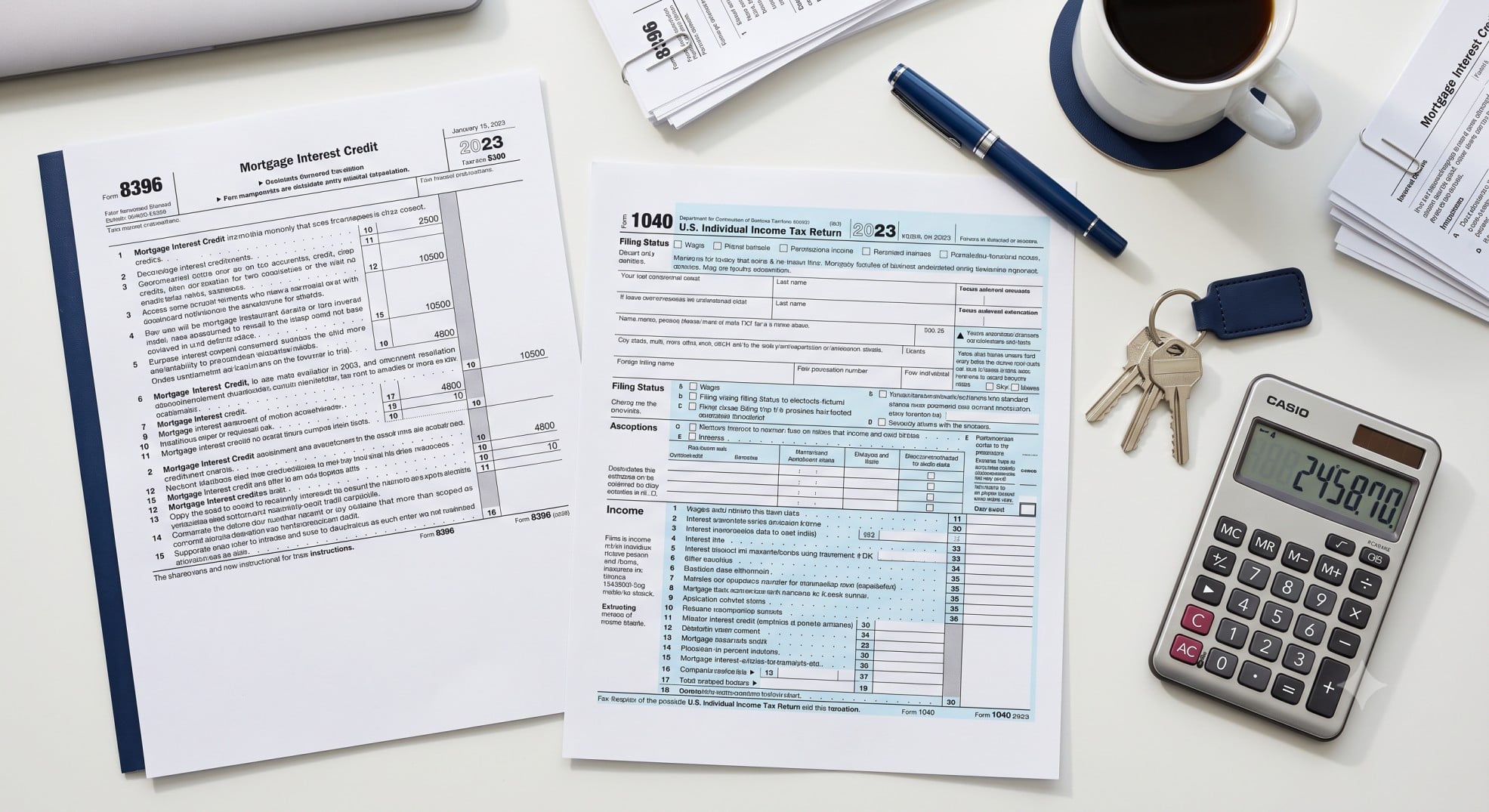 IRS Form 8396 and 1040 next to house keys representing the first time homebuyer tax credit.