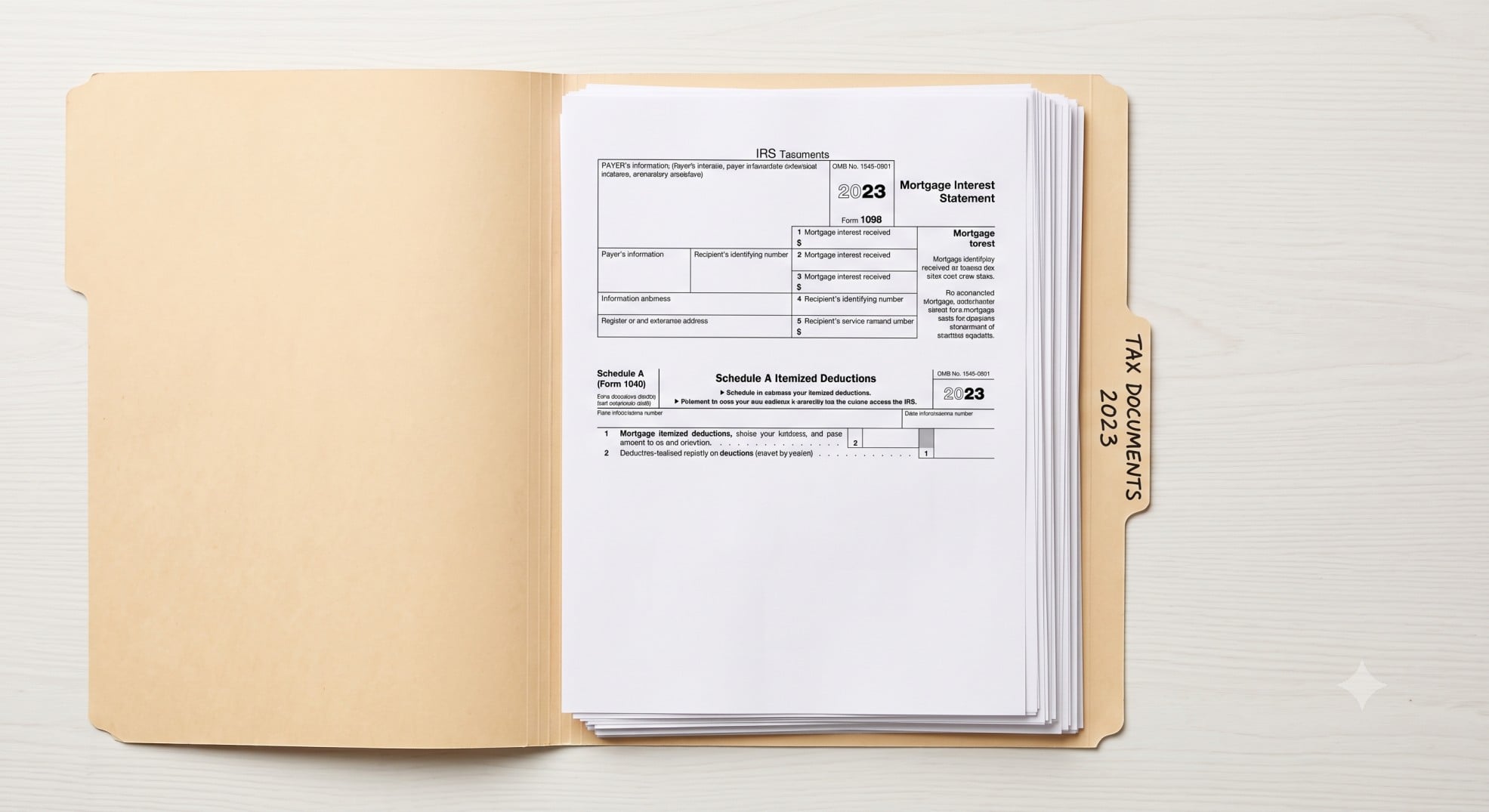 IRS Form 1098 and Schedule A organized in a folder for tax preparation.
