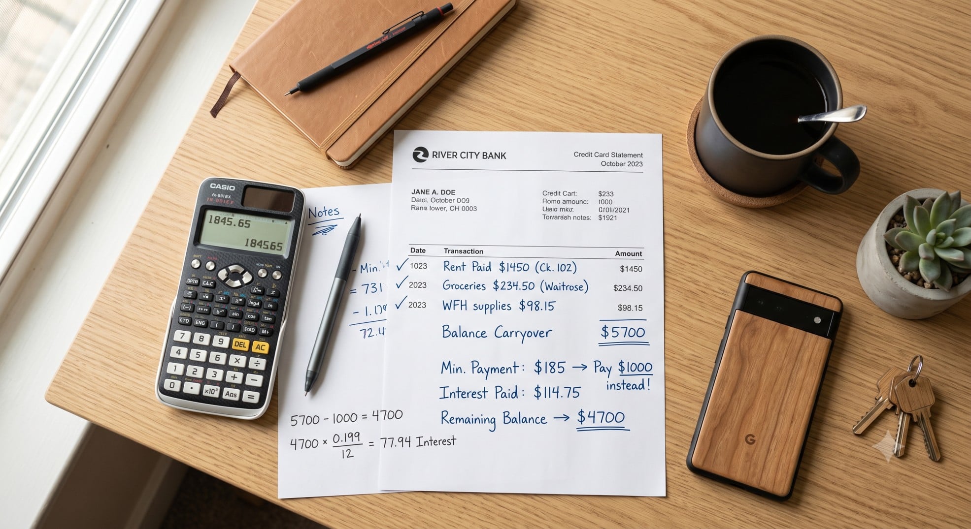 A calculator and credit card statement used to calculate cash back rewards math.