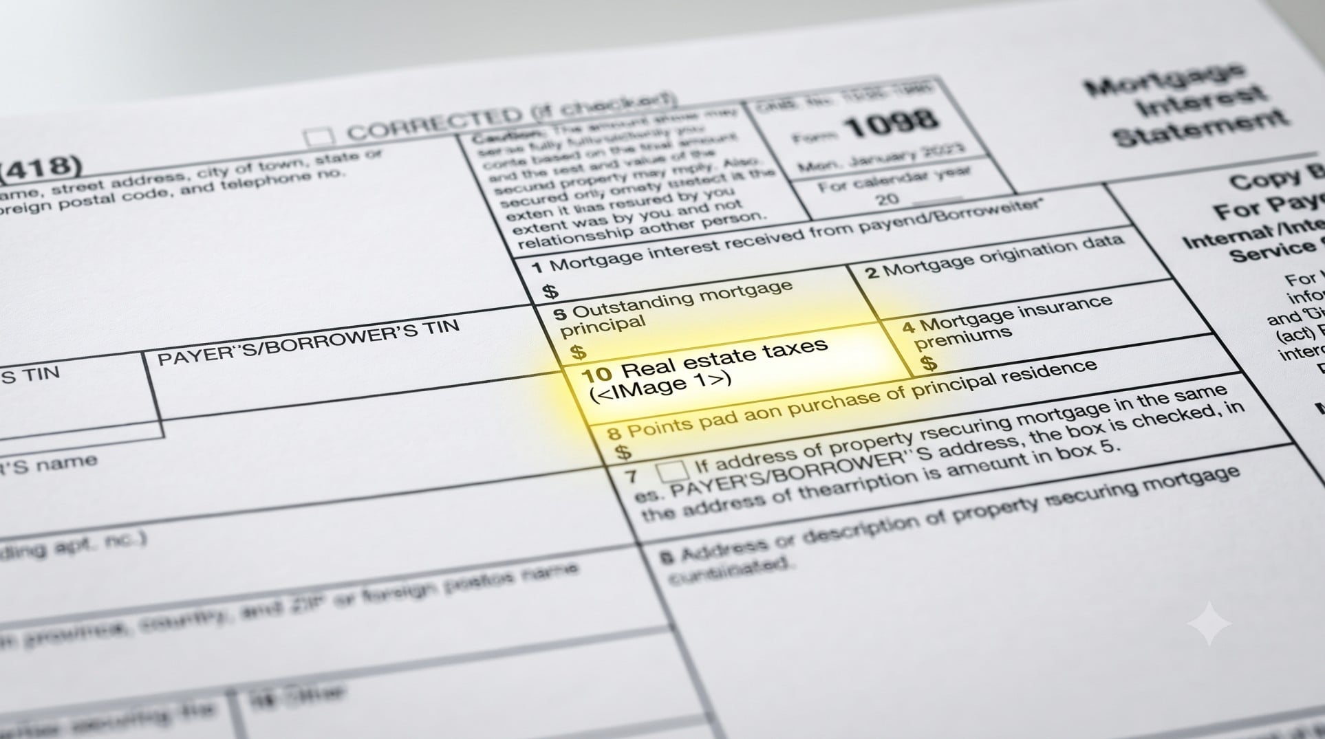 Close up of Form 1098 showing Box 10 for real estate taxes.