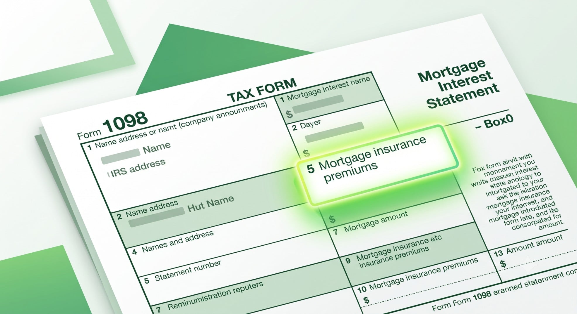 Illustration of IRS Form 1098 highlighting Box 5 for mortgage insurance premiums.