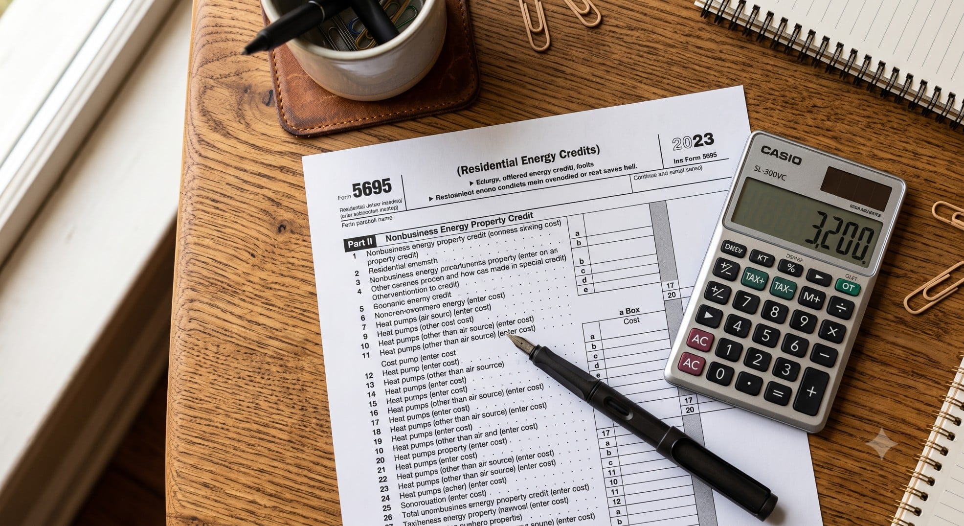 IRS Form 5695 and a calculator representing the $3,200 maximum Energy Efficient Home Improvement Credit.