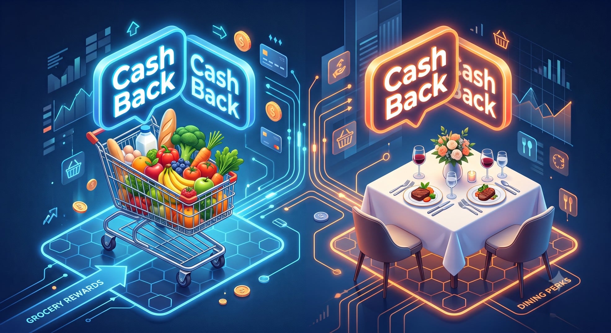 Illustration representing grocery and dining credit card bonus categories.
