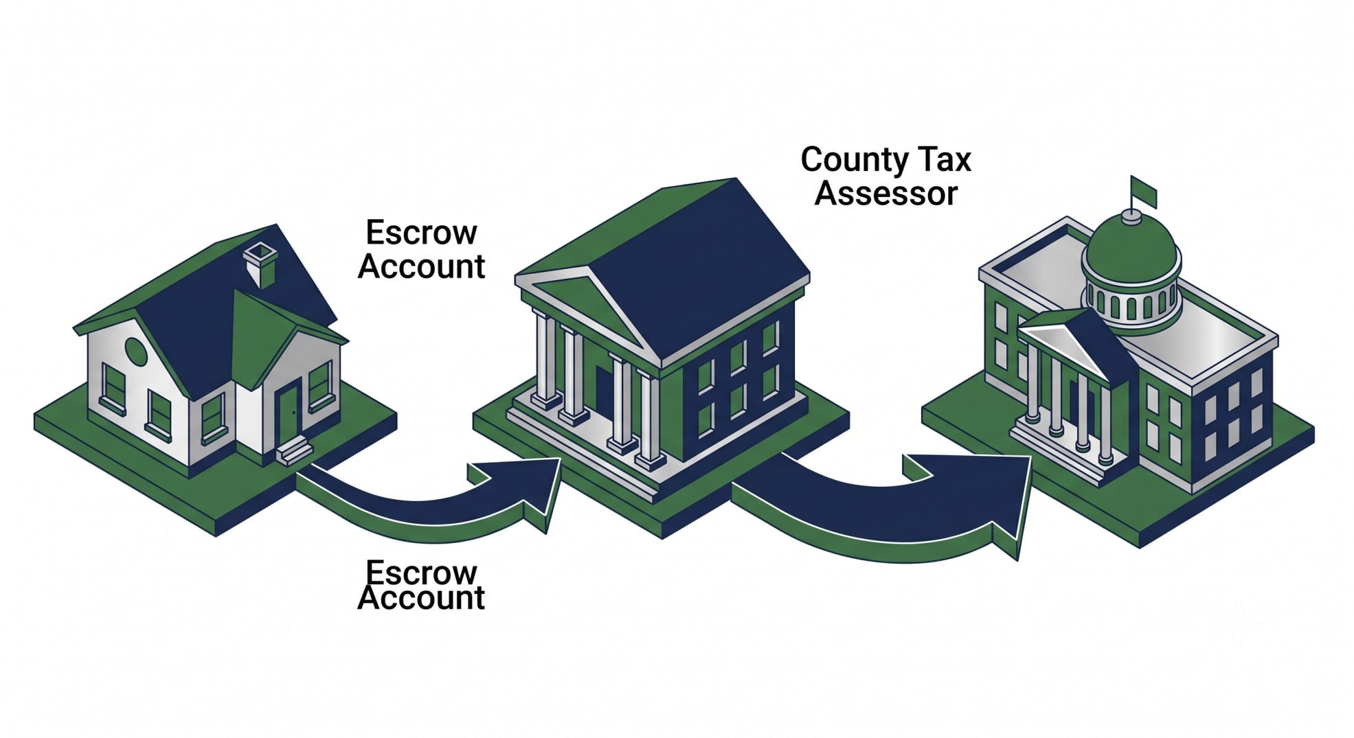 Diagram showing how a mortgage escrow account collects and pays property taxes to the county.