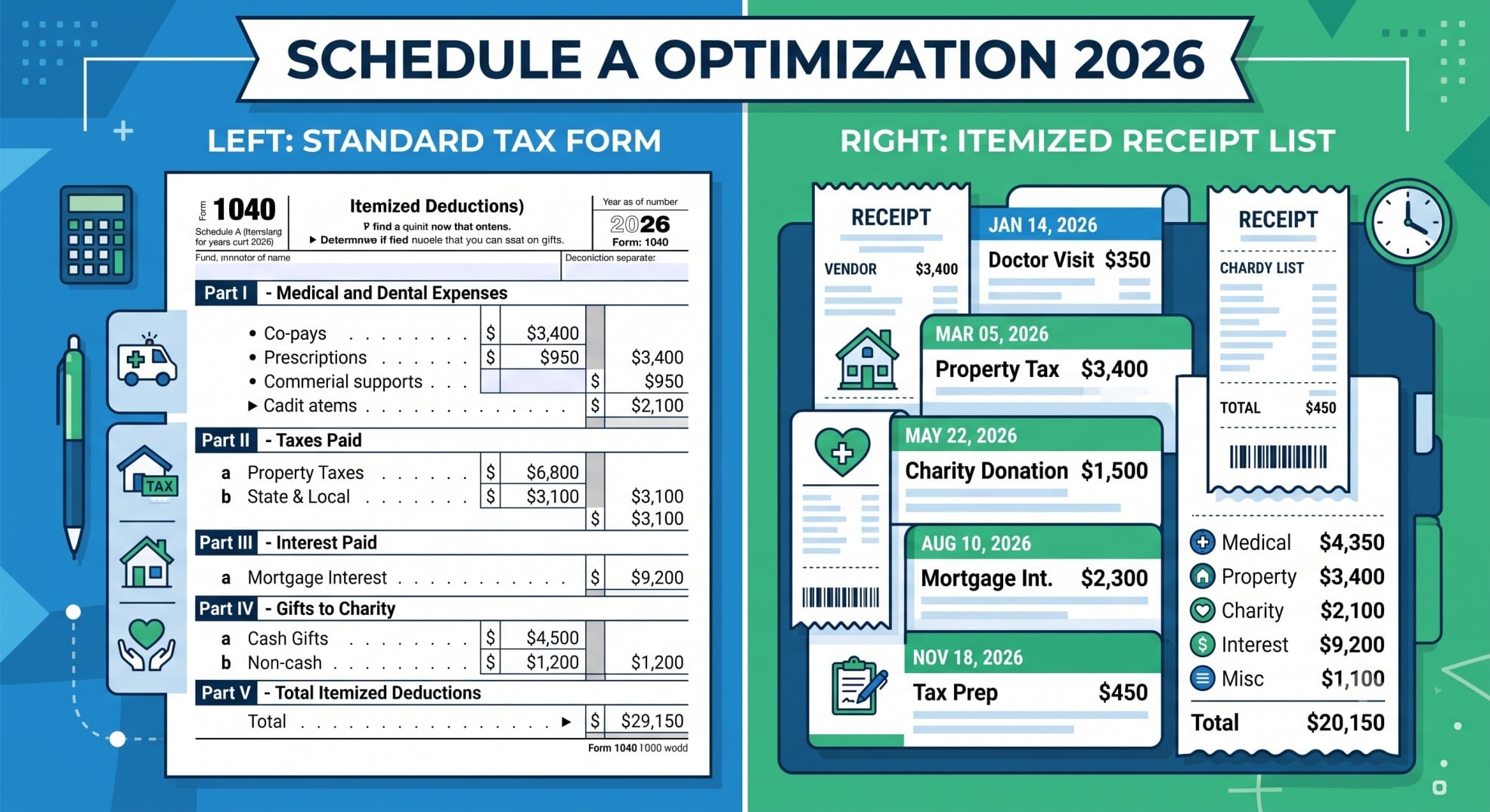 Infographic showing how to optimize Schedule A by comparing standard and itemized deductions.