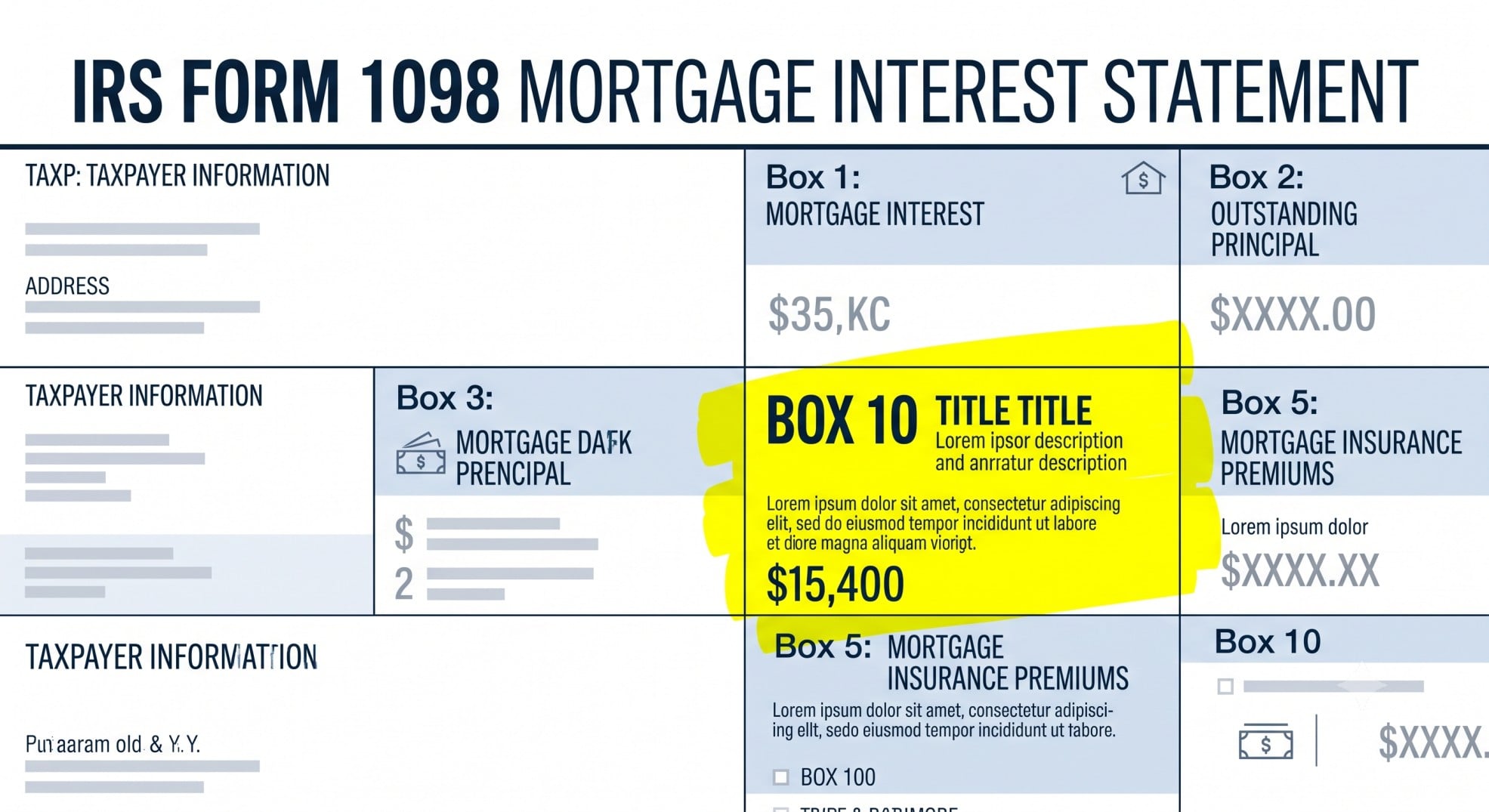 Close up of IRS Form 1098 with Box 10 highlighted for real estate taxes.