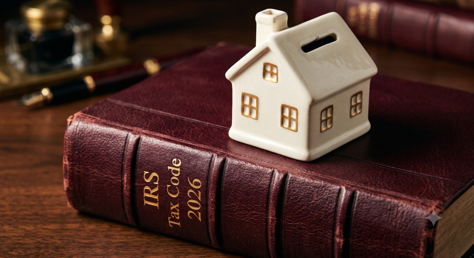 A house piggy bank on an IRS tax code book representing tax credits for first time home buyers.