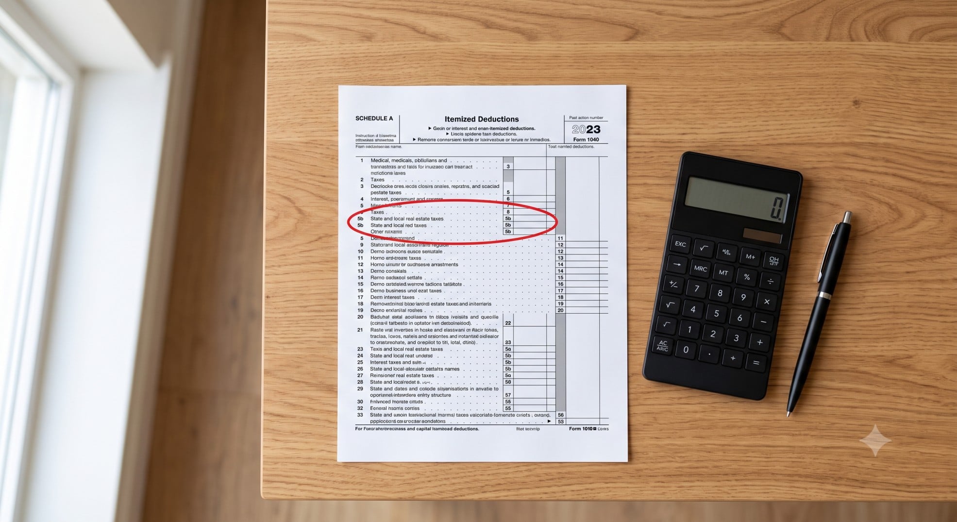 IRS Schedule A tax form highlighting where to enter property taxes paid.