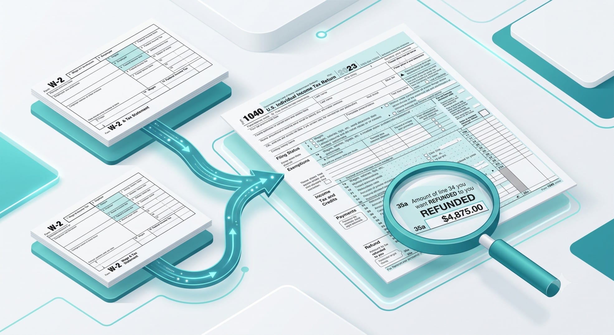 Conceptual illustration of two W-2 forms triggering a Social Security tax overpayment refund.