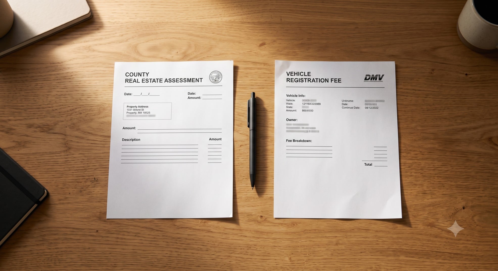 Two tax documents showing a real estate assessment and a vehicle registration fee.