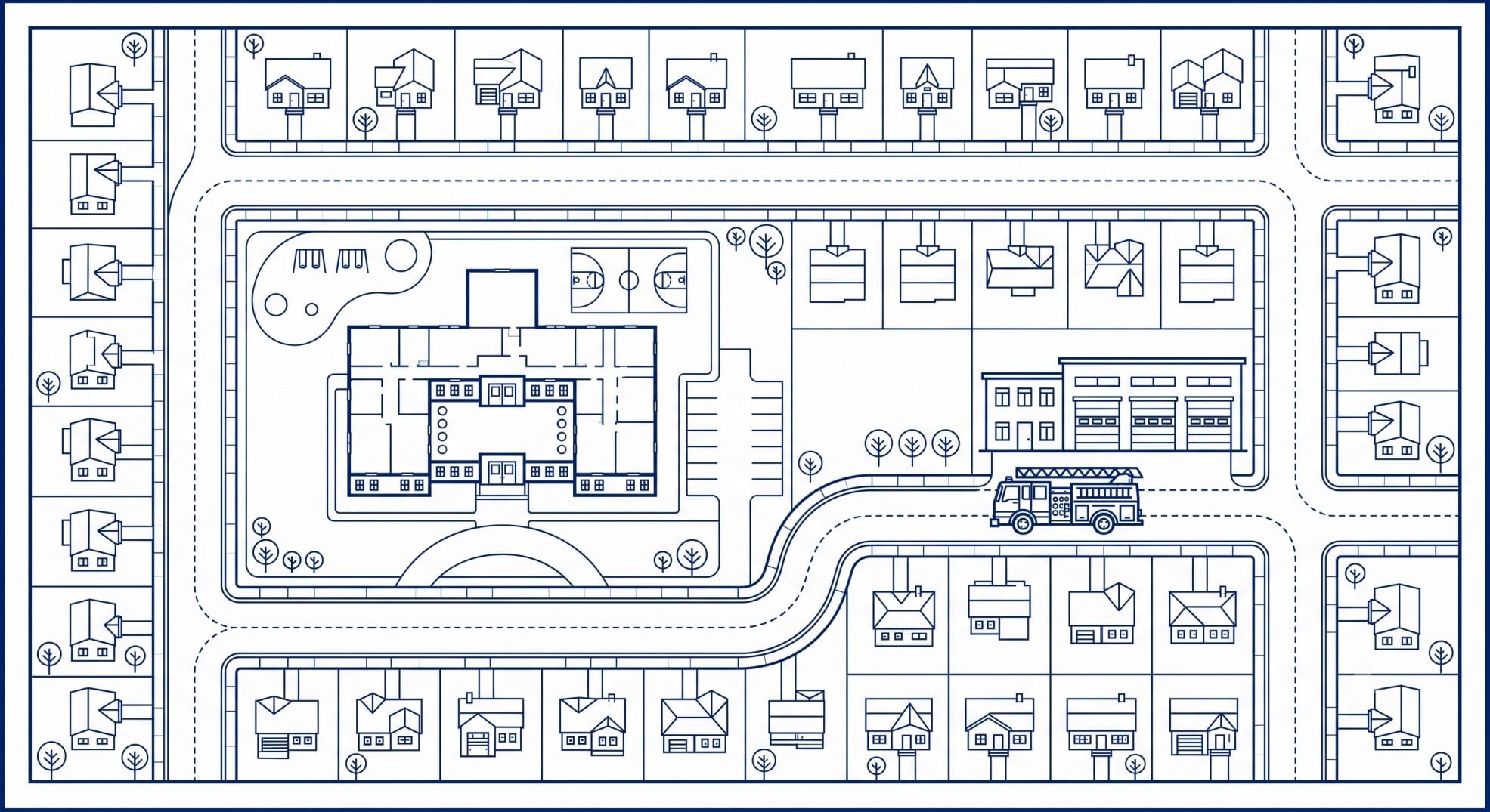 Architectural blueprint showing a school, fire truck, and road funded by local taxes.