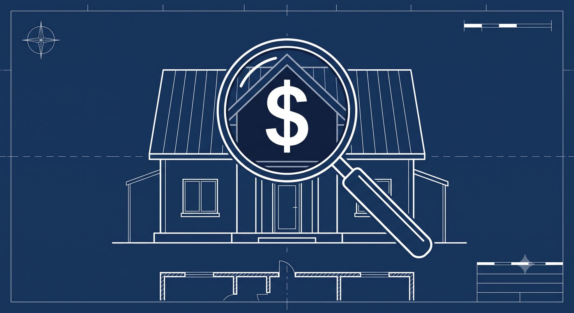 Architectural blueprint of a house with a magnifying glass highlighting a dollar sign.