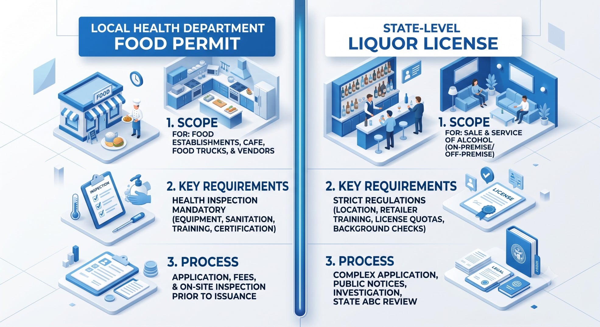 Infographic comparing local health department permits and state liquor licenses for restaurants.