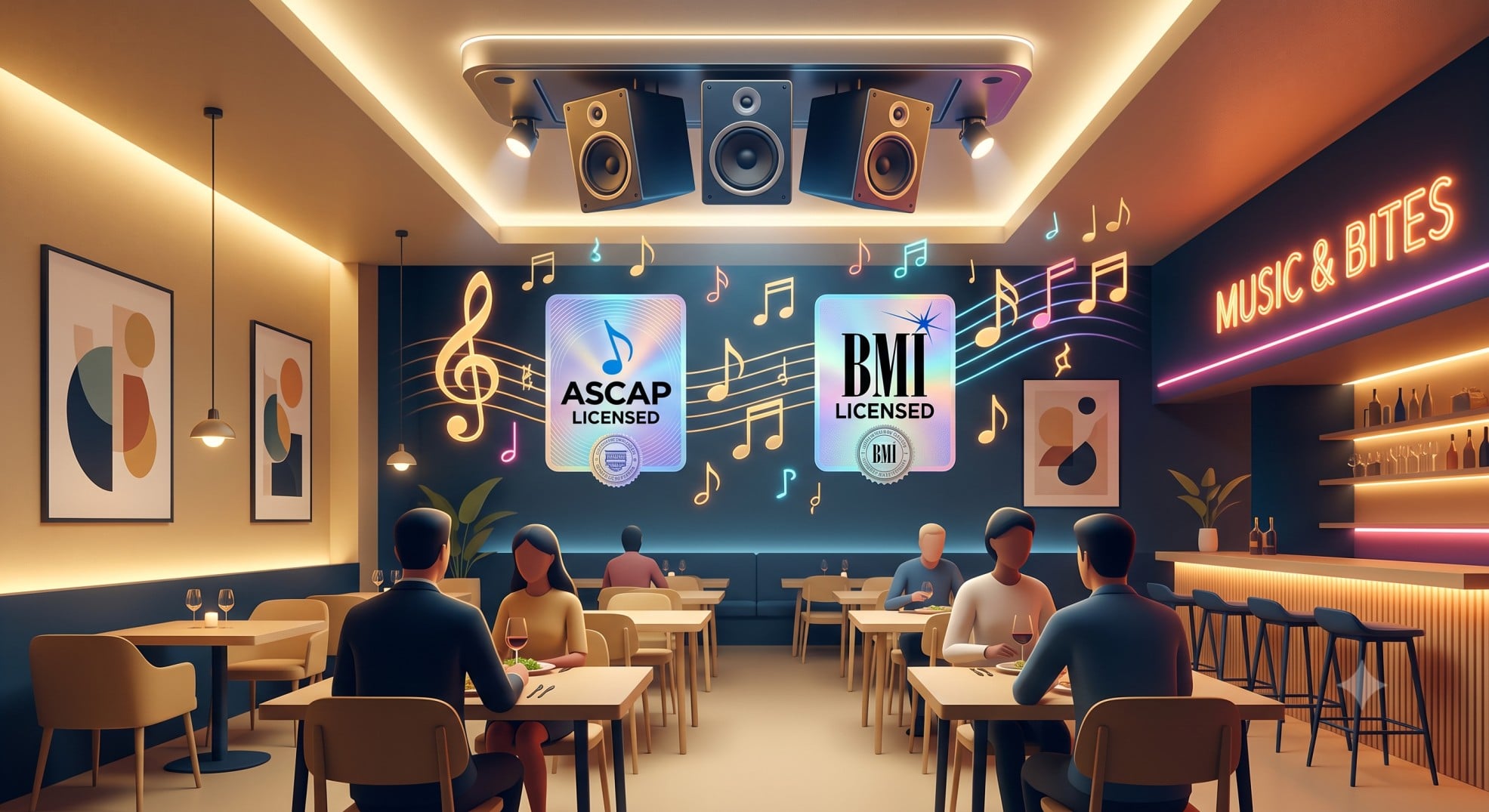 3D illustration of a restaurant sound system with ASCAP and BMI music licensing symbols.
