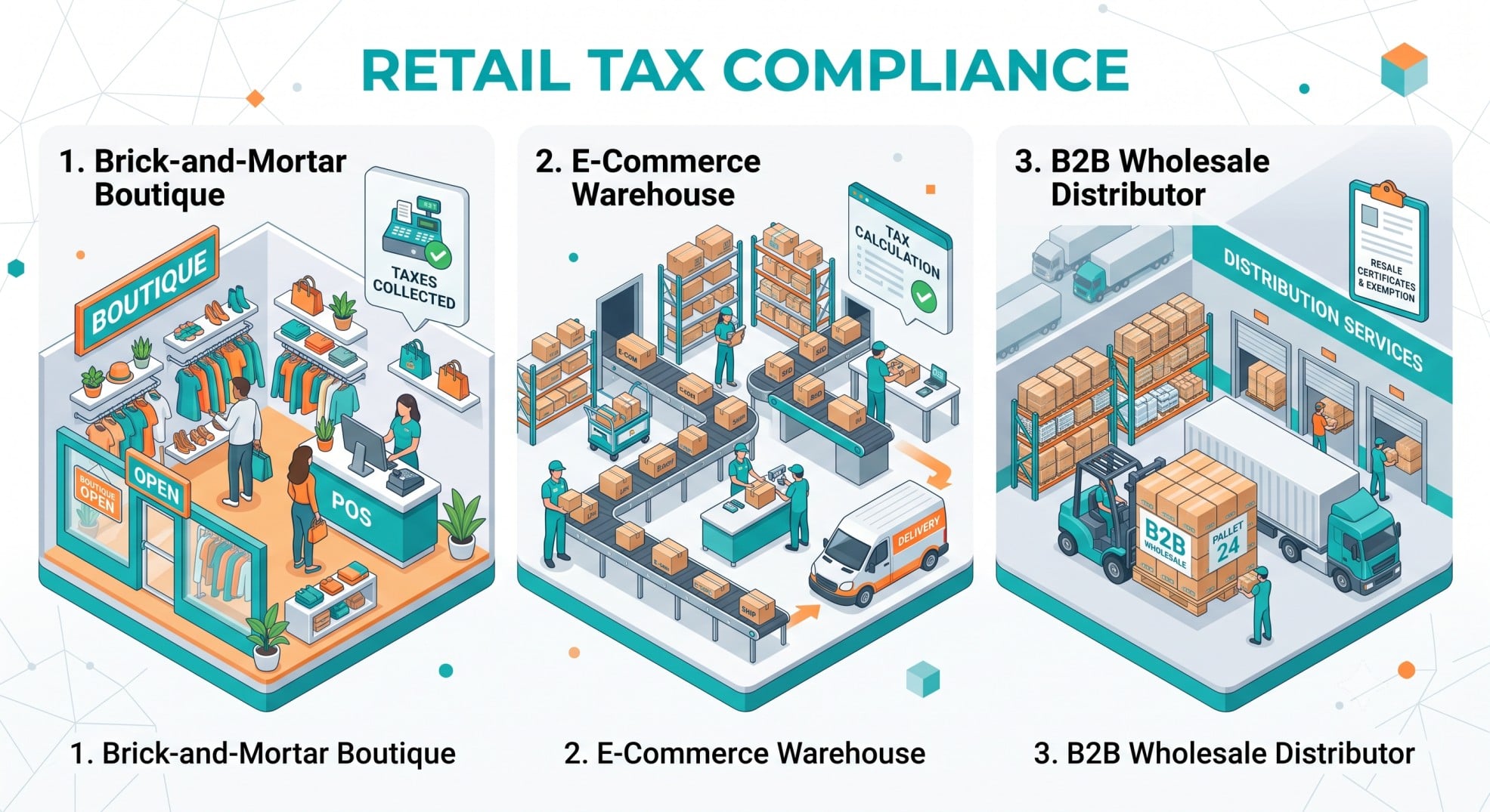 Isometric illustration of a boutique, e-commerce warehouse, and B2B distributor.