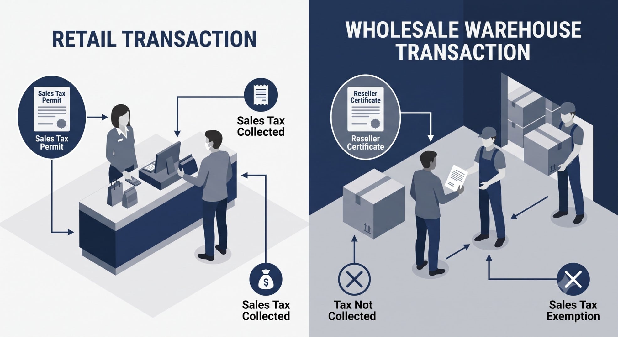 Infographic comparing the function of a sales tax permit versus a reseller certificate in retail.