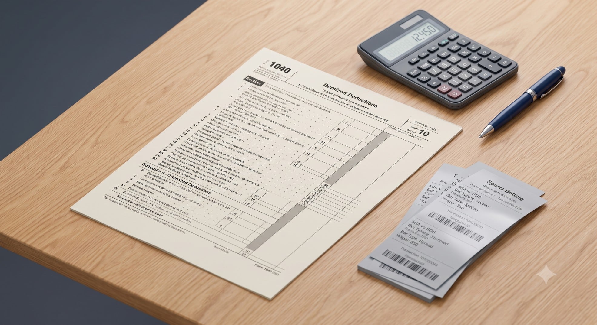 3D rendering of a tax form with a calculator and betting tickets.