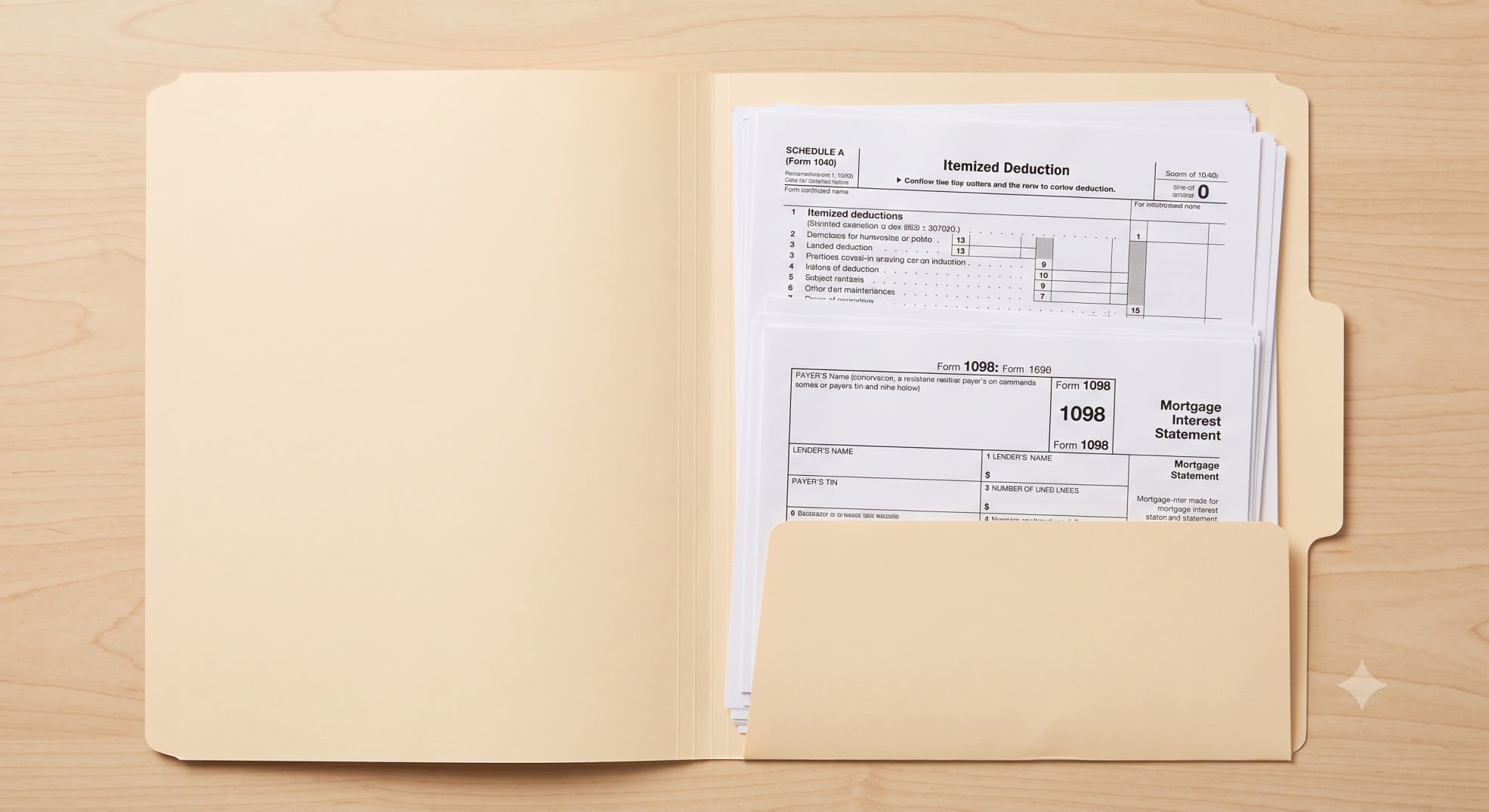 IRS Schedule A and Form 1098 organized in a folder for claiming second home tax deductions.