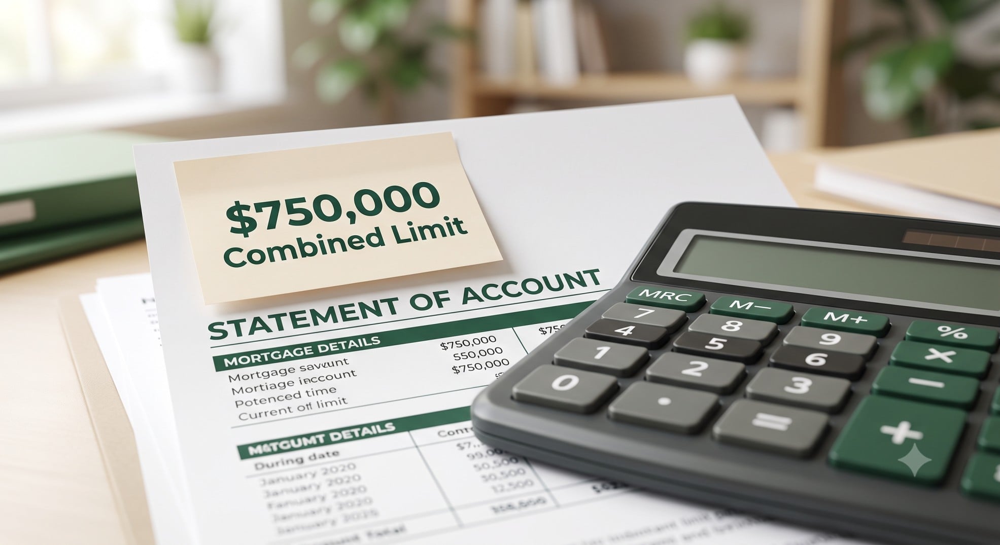 A calculator and mortgage statement illustrating the $750,000 combined mortgage interest deduction limit.
