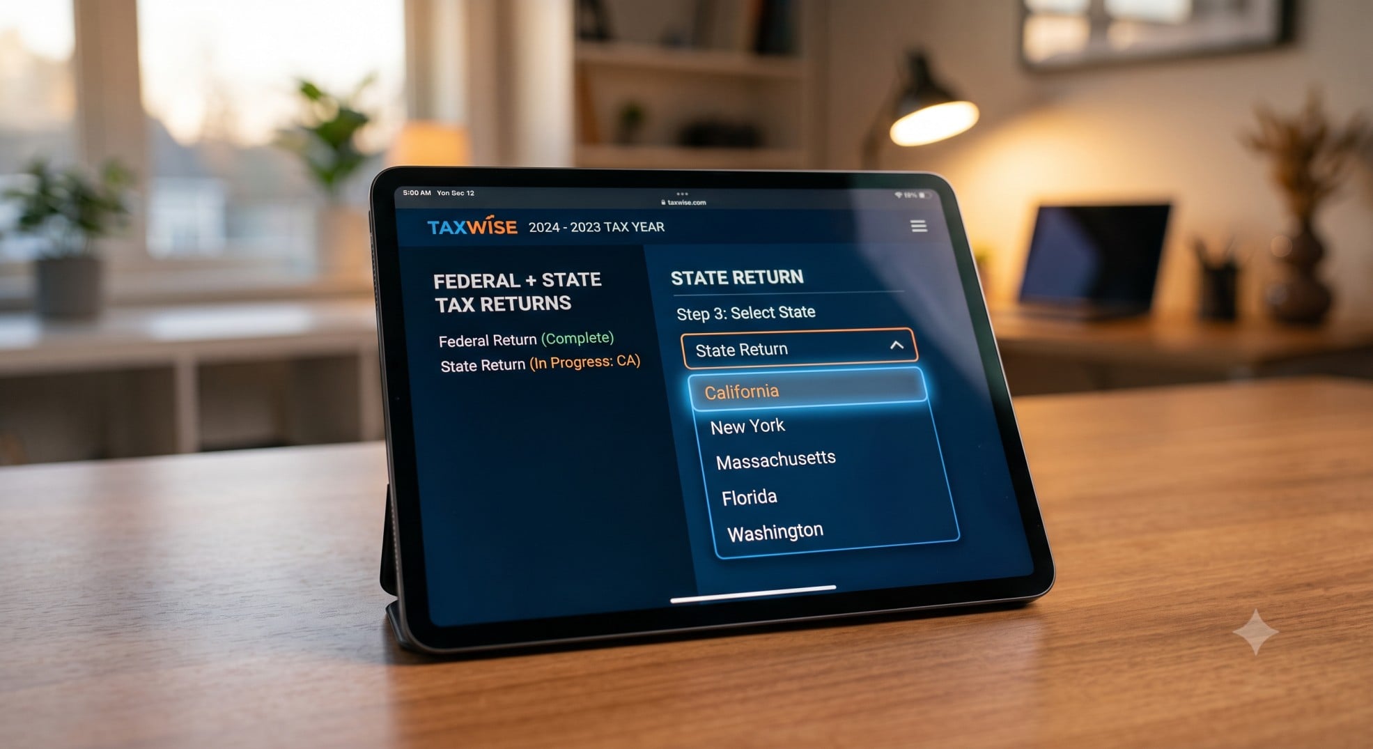 A tablet screen showing a tax software interface selecting a state return.