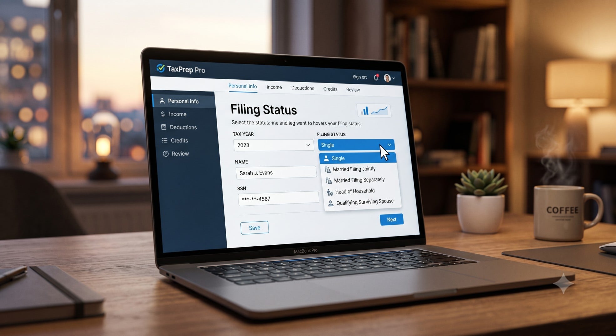 A laptop screen showing a tax software interface with a cursor selecting a filing status.