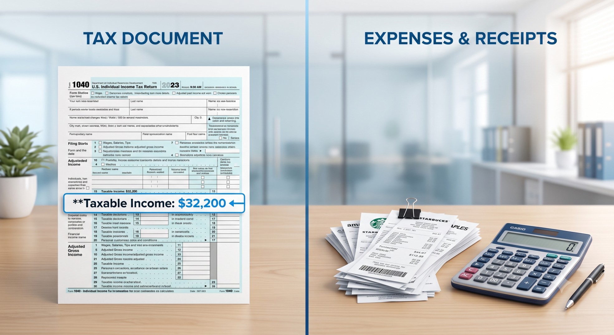 A visual comparison of a flat standard deduction document next to a stack of itemized receipts.