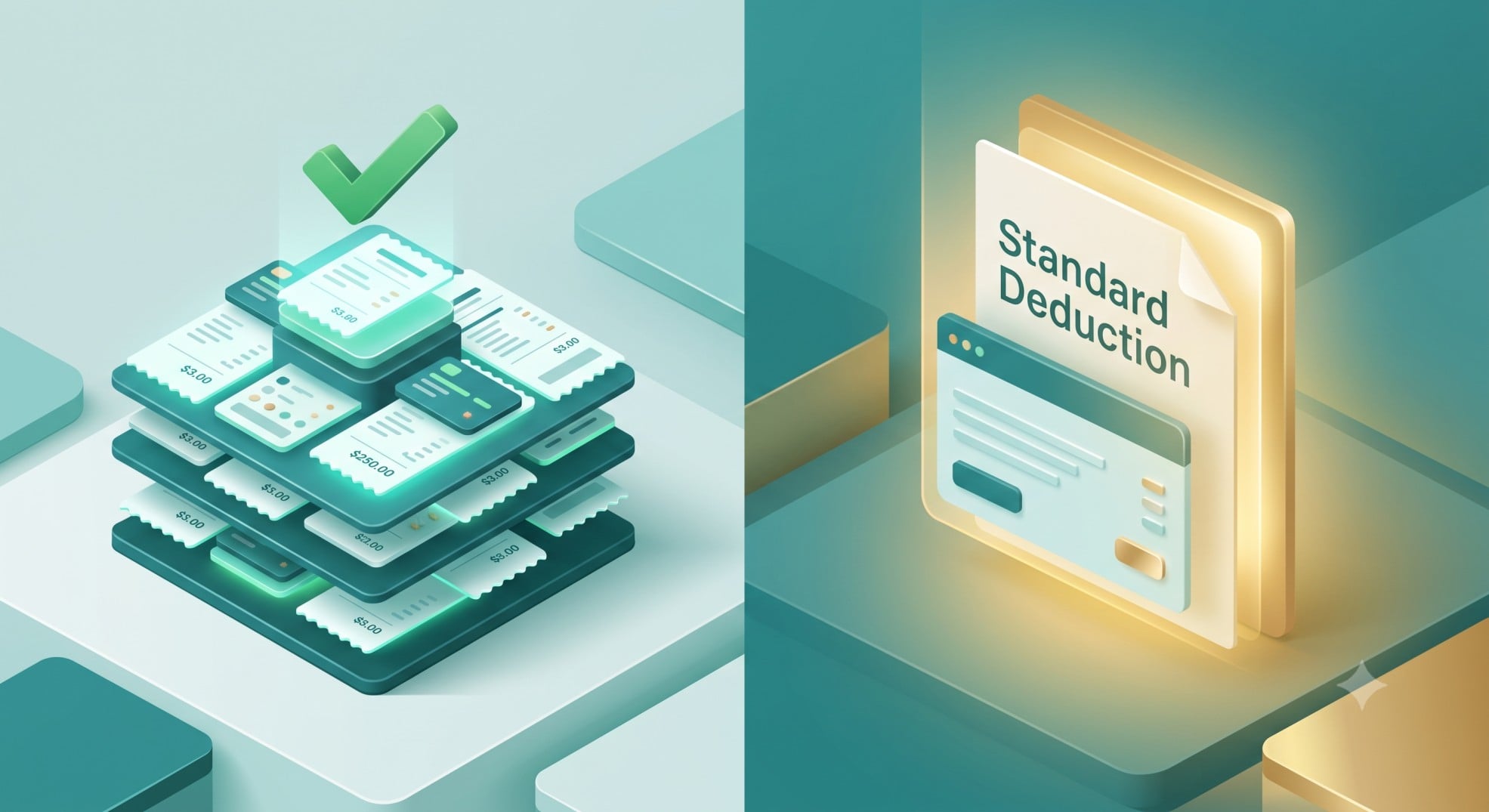 A conceptual illustration comparing a stack of itemized receipts to a single standard deduction document.