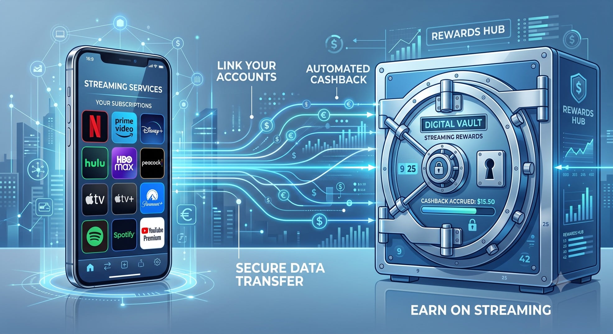 A digital representation of earning cash back on streaming subscriptions.