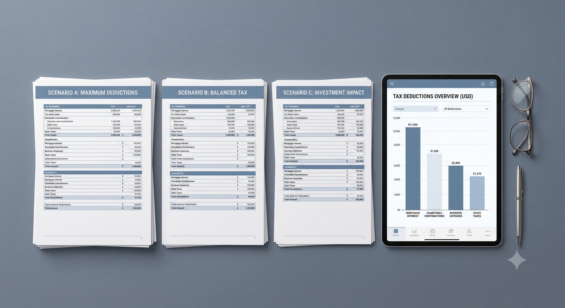 Organized desk with tax planning documents and deduction charts.