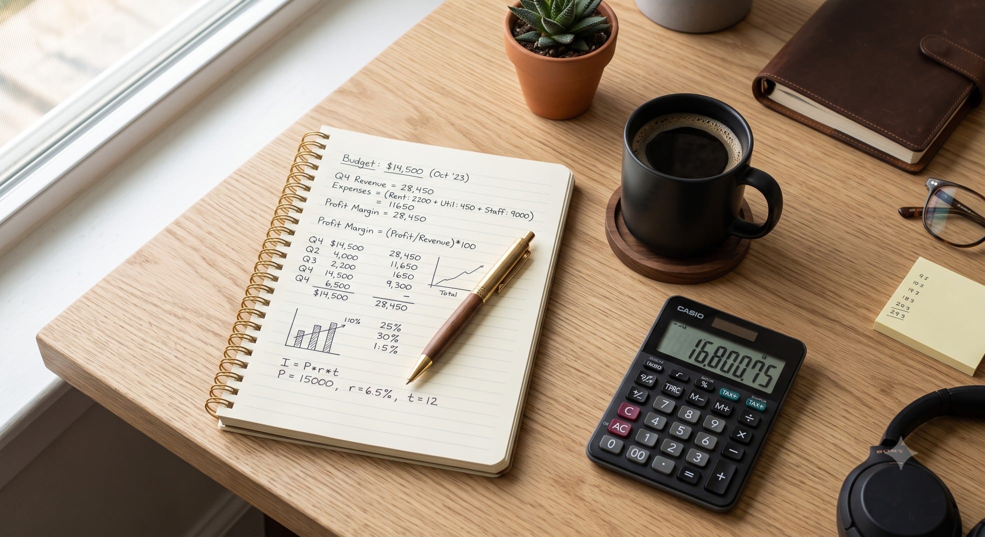 A calculator and notebook used to calculate credit card rewards math.