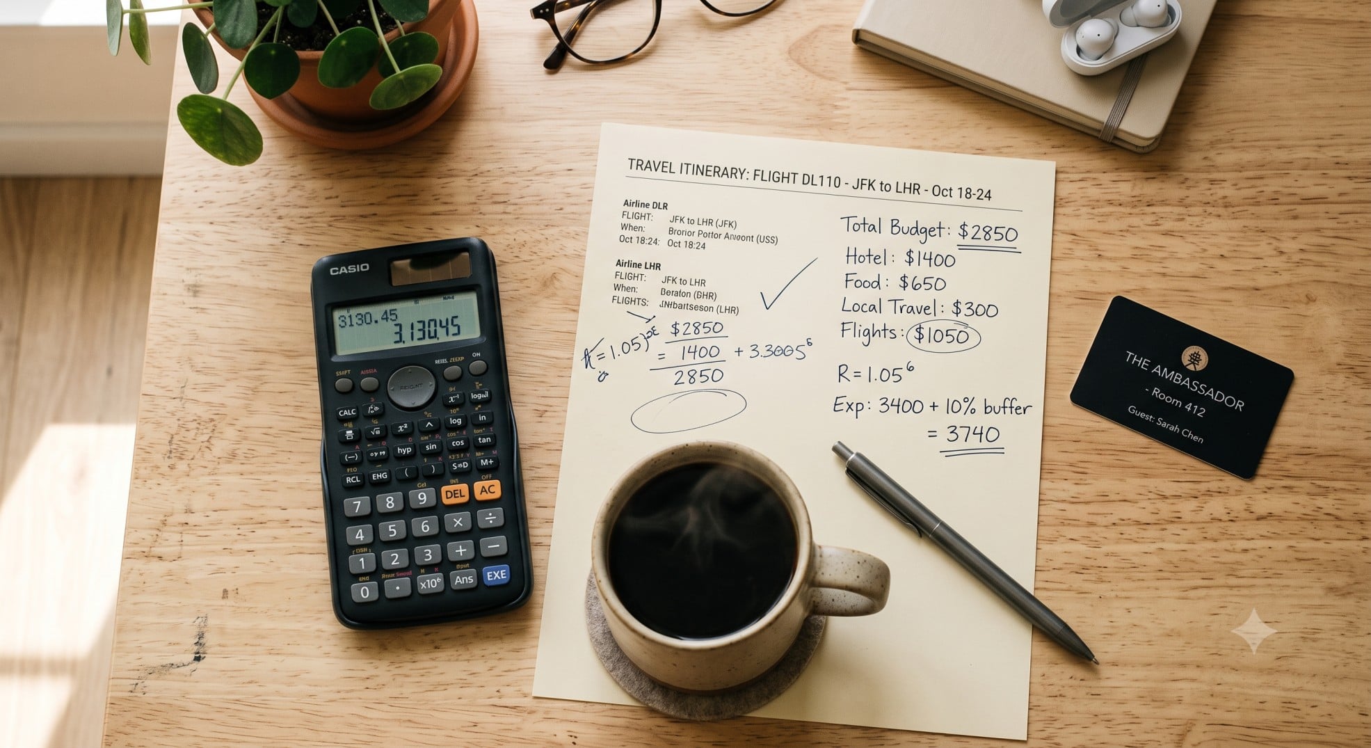 A calculator and travel itinerary used to calculate credit card rewards math.