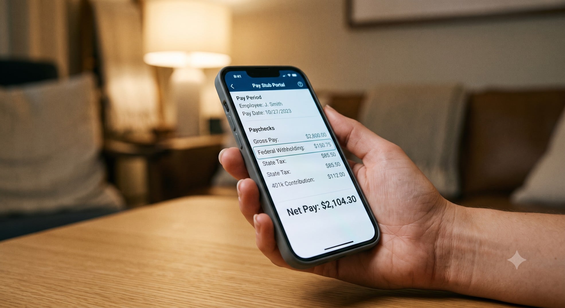A smartphone displaying a digital paycheck with adjusted federal withholdings.