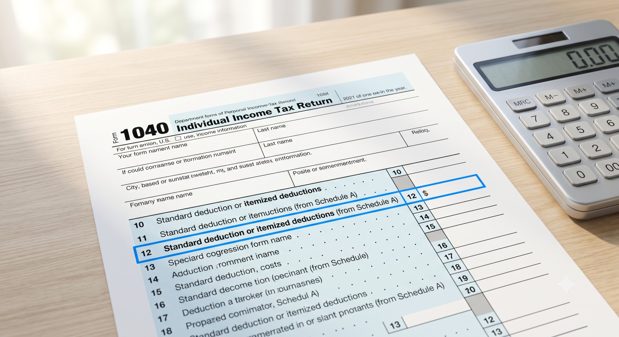 A close-up of Form 1040 highlighting Line 12 for the standard deduction.