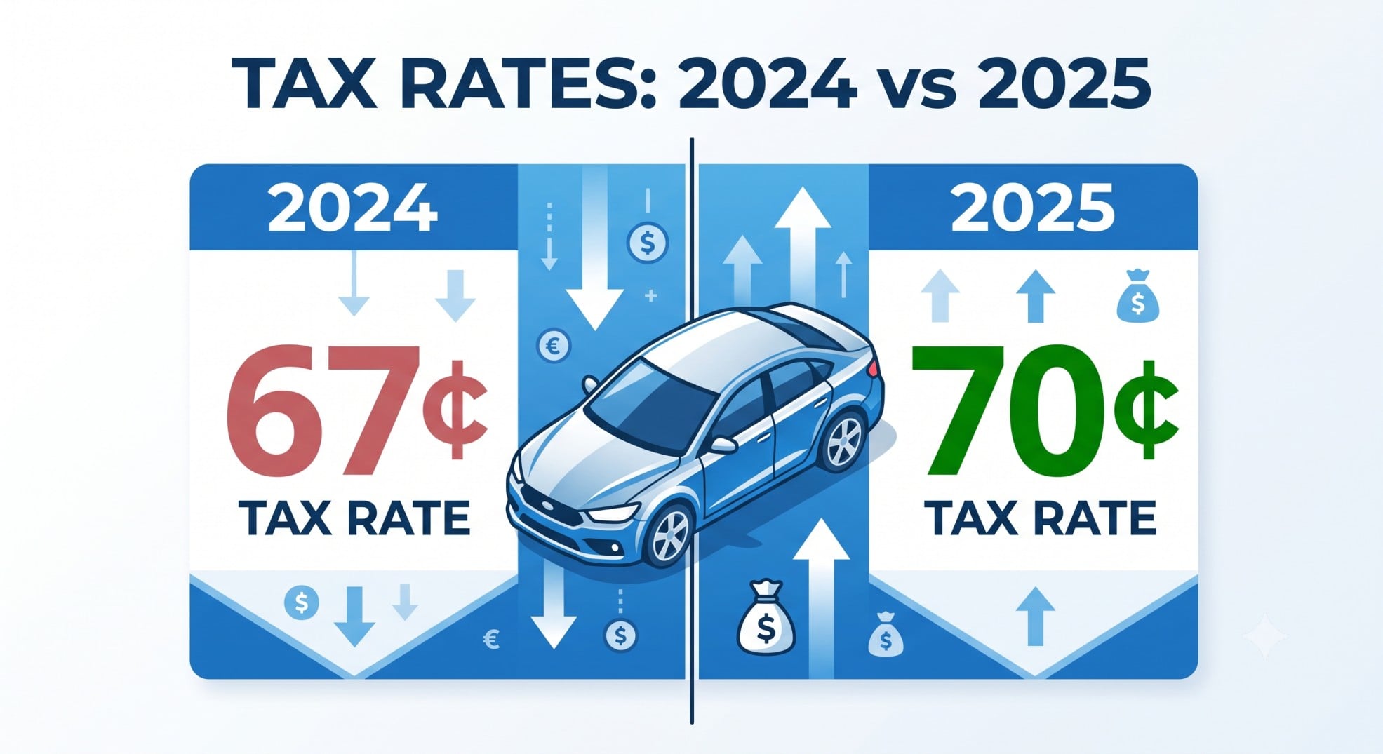 Infographic comparing the 2024 and 2025 IRS standard mileage rates for business.