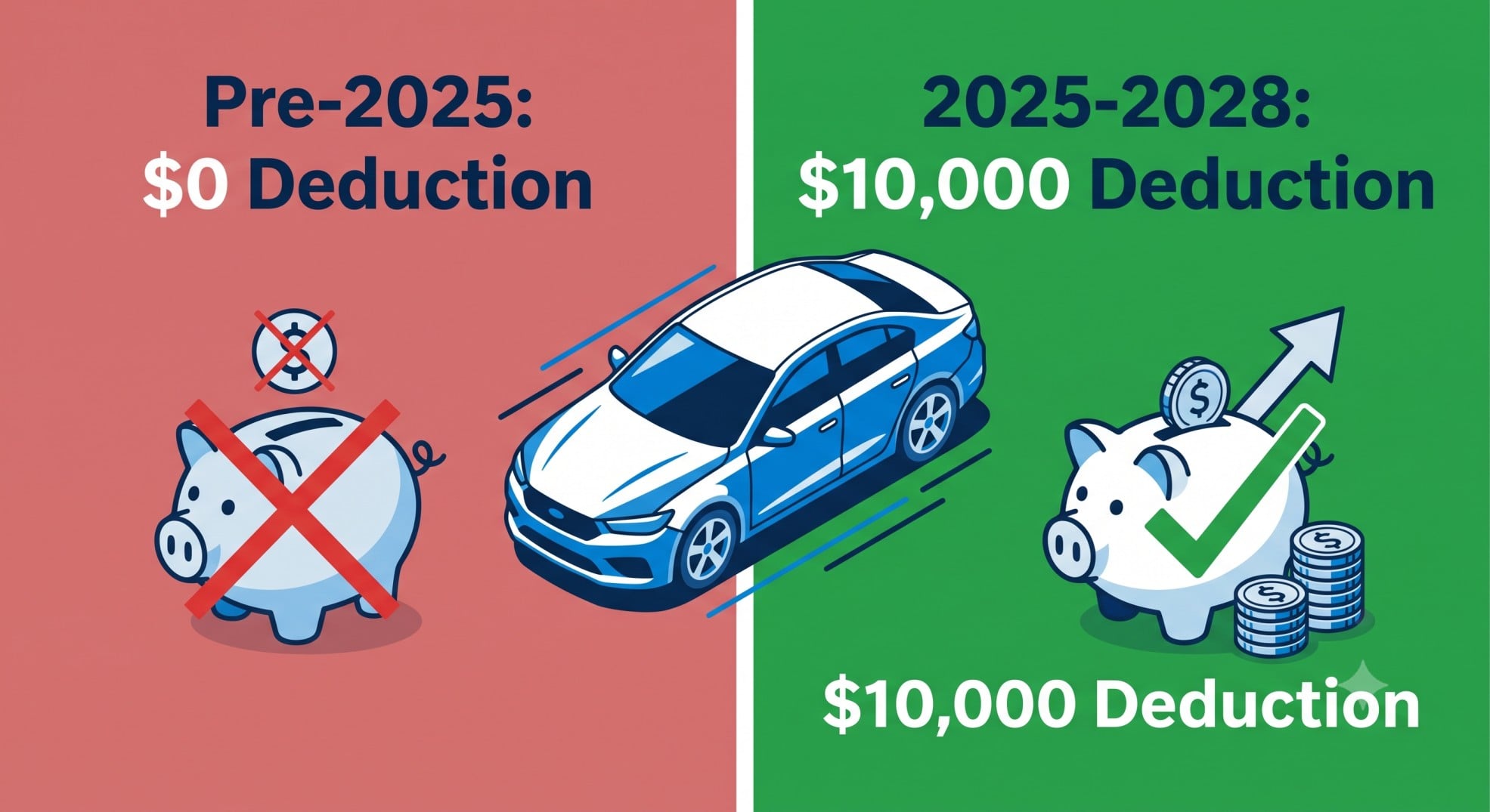 Infographic comparing the old tax law to the new $10,000 auto loan interest deduction.