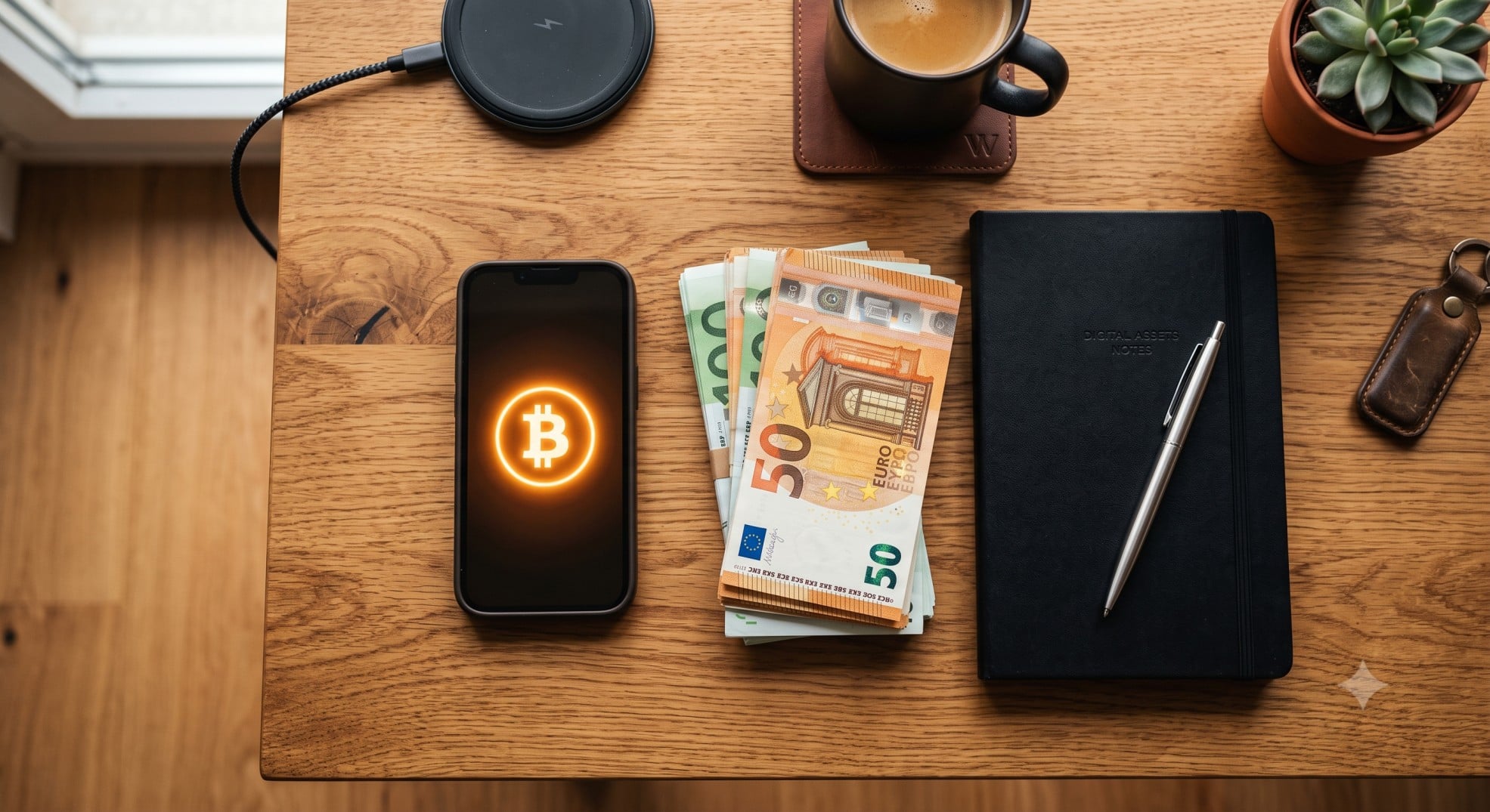 A smartphone showing a digital currency logo next to physical fiat currency on a desk.