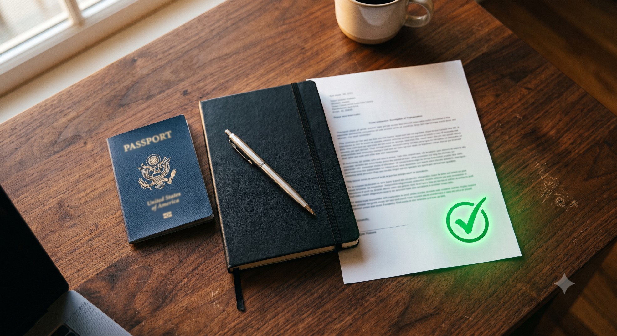 A U.S. passport and financial documents resting on a wooden desk.