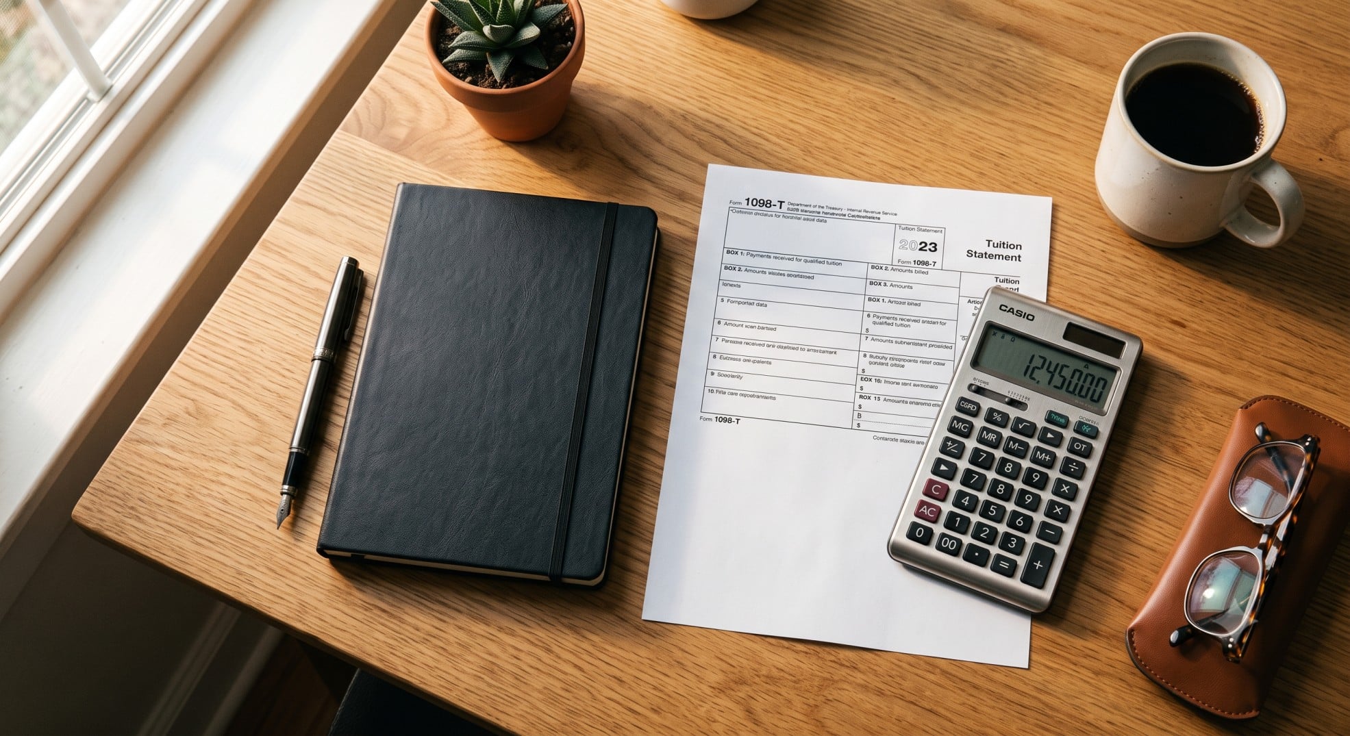 A calculator resting on a wooden desk next to a Form 1098-T tax document.