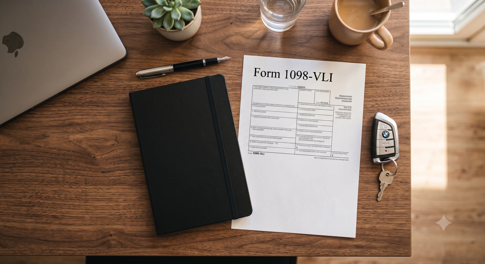 A car key resting on a wooden desk next to a Form 1098-VLI tax document.