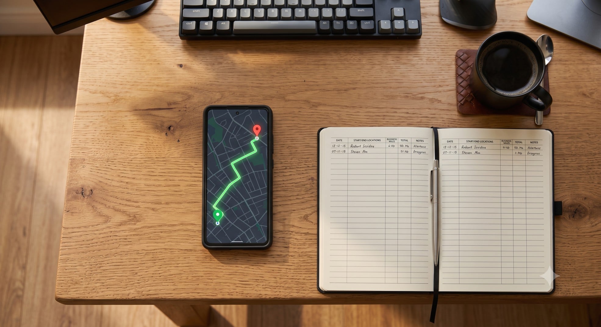 A smartphone tracking a route next to a physical mileage logbook on a desk.