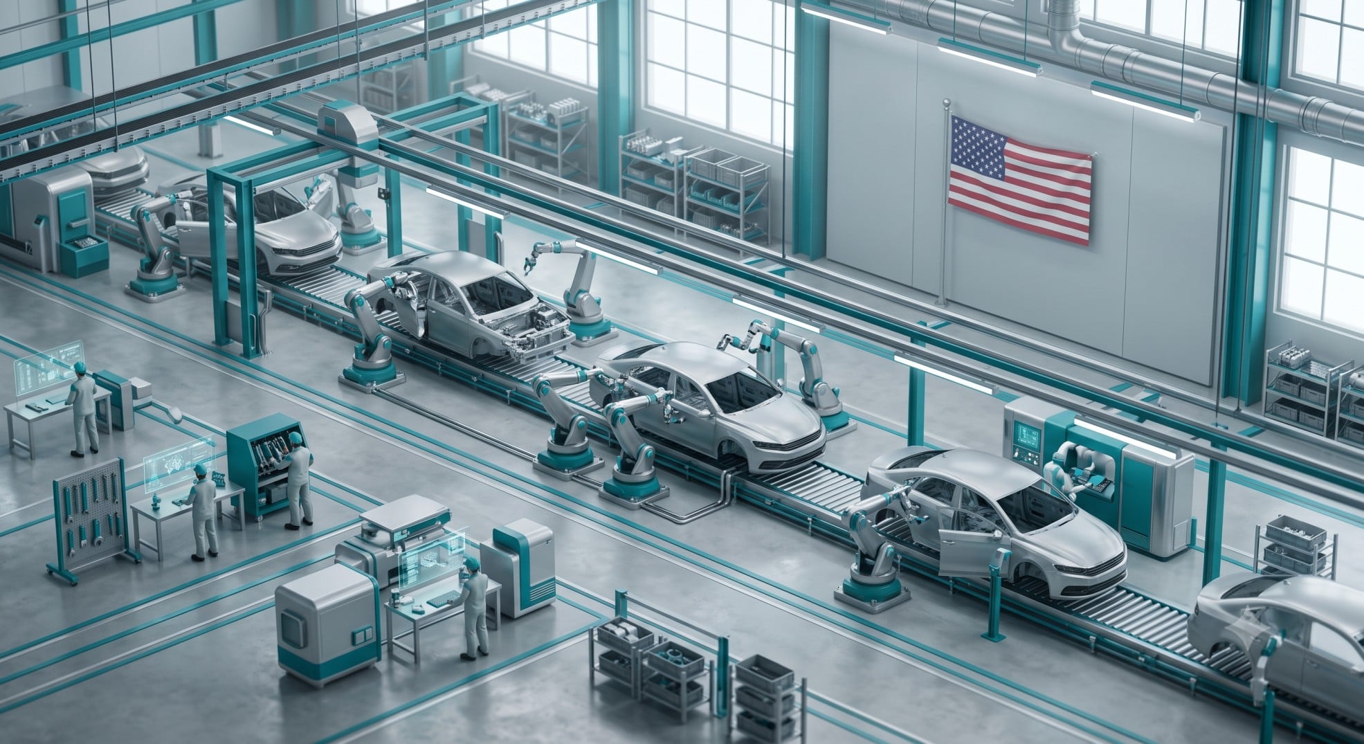 3D illustration of a car assembly line representing the domestic manufacturing requirement.