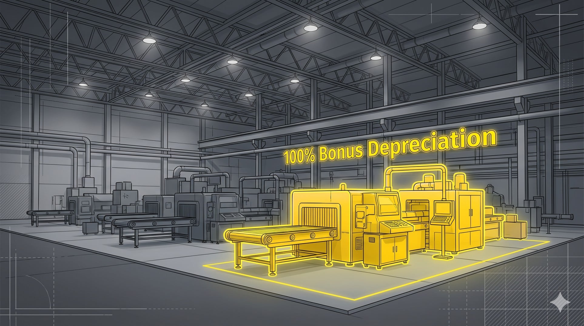 Factory floor highlighting new machinery to demonstrate 100 percent bonus depreciation rules.