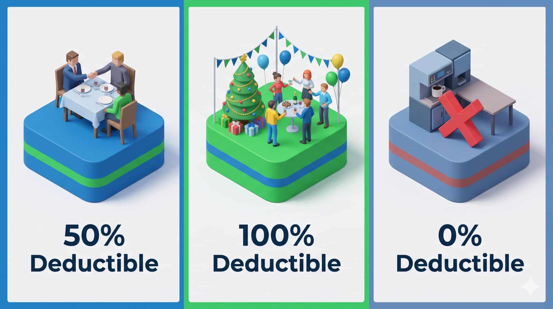 Infographic categorizing business meals into 50 percent, 100 percent, and zero percent deductible buckets for 2026.