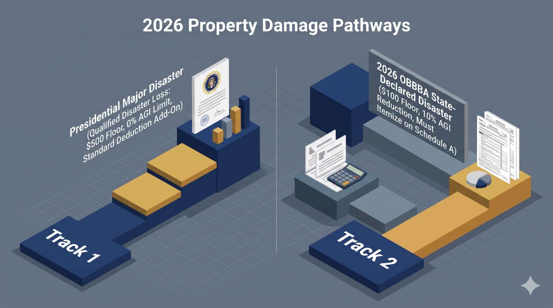 Comparison of casualty loss deductions in 2026 showing Qualified Disaster Loss rules versus OBBBA State-Declared Disaster rules.