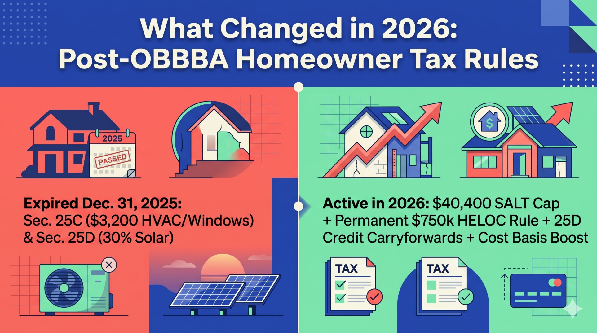 Timeline infographic showing the December 31, 2025 expiration of Section 25C and 25D energy credits alongside active 2026 homeowner tax breaks under the One Big Beautiful Bill Act.