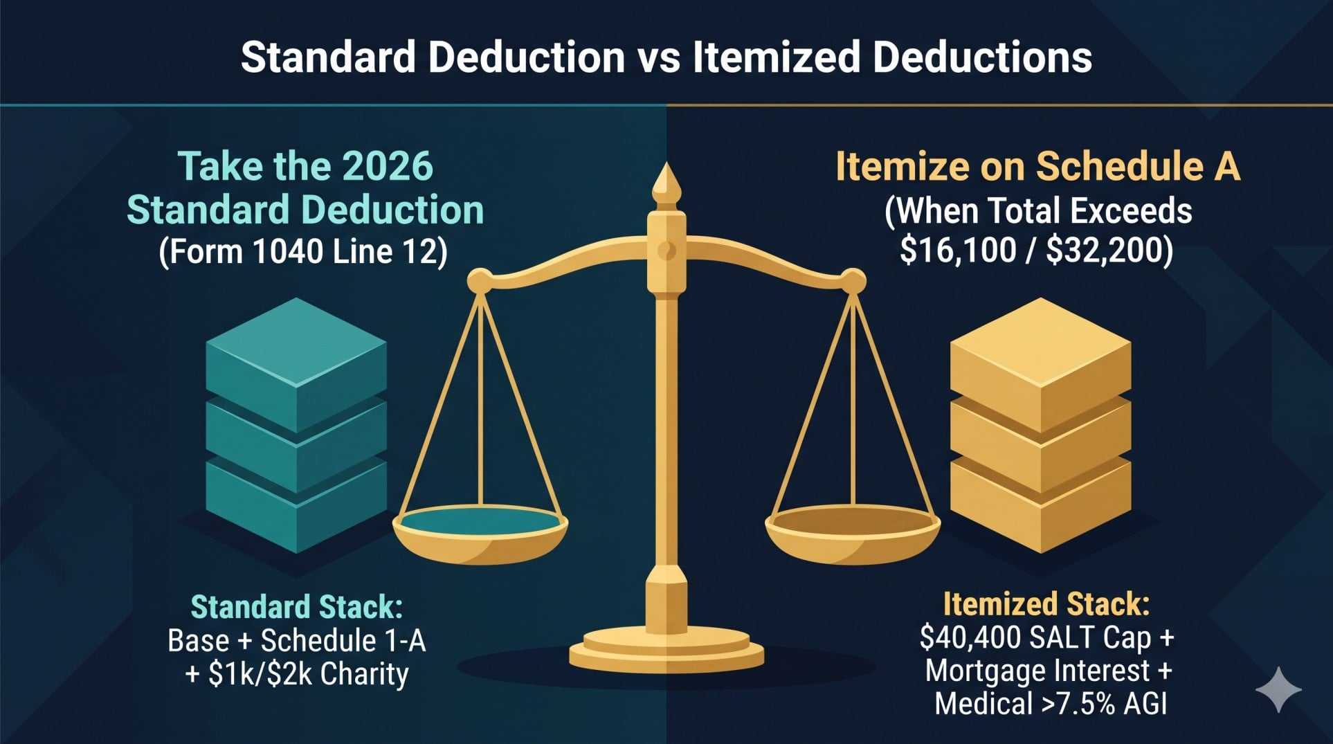 Split-screen decision graphic comparing the 2026 standard deduction stack against Schedule A itemized deductions including the $40,400 SALT cap.
