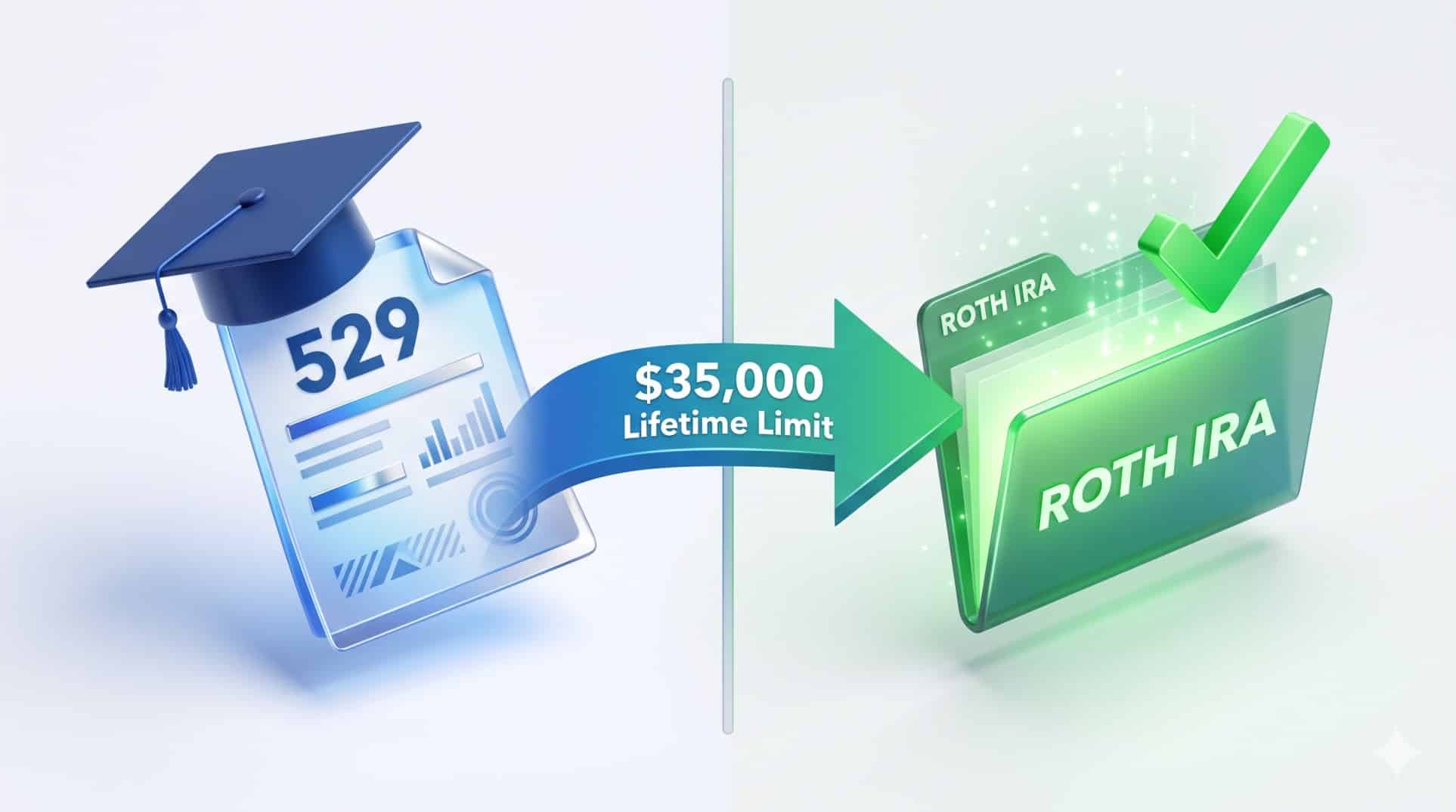 Infographic illustrating the transfer of leftover college funds from a 529 plan to a Roth IRA.