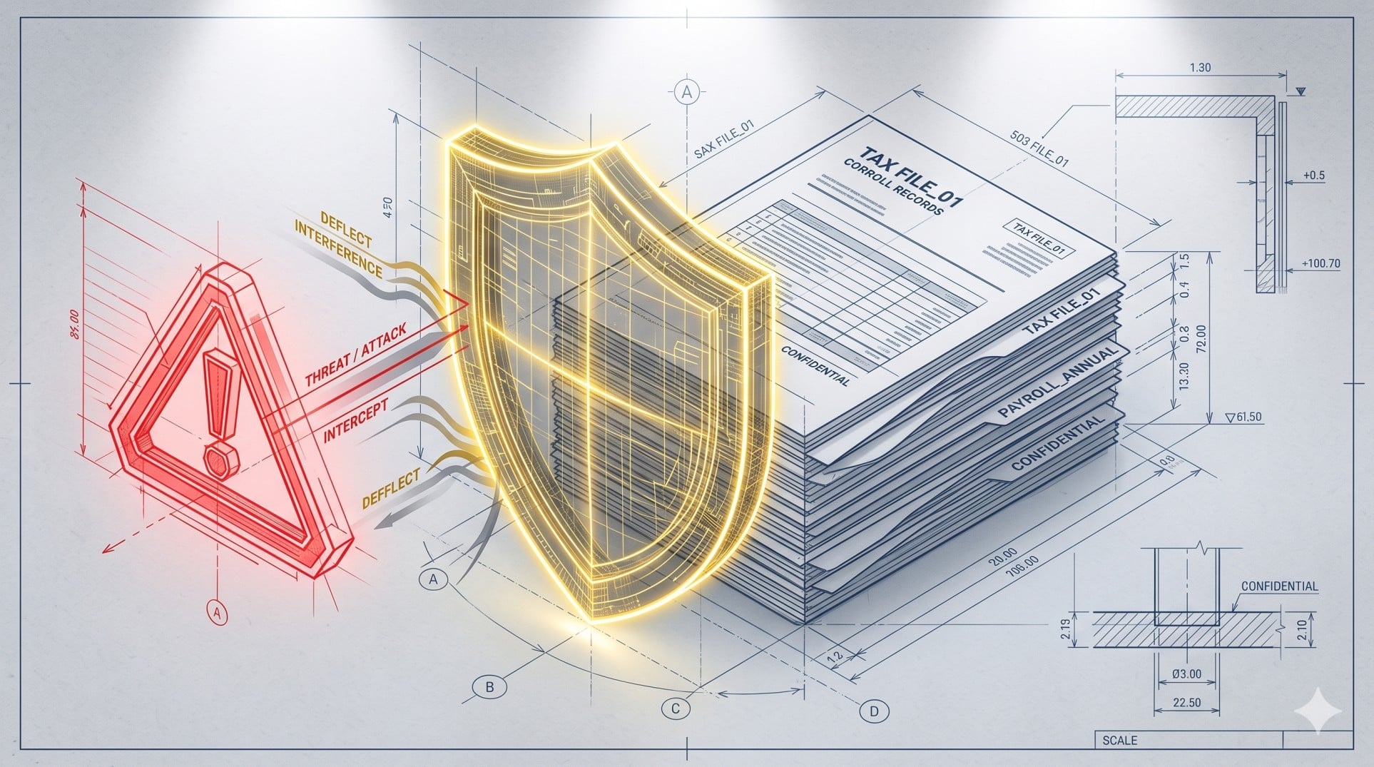 Illustration of a digital shield protecting corporate tax documents to represent audit defense.